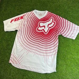 FOX Racing Jersey Men's L White Red Geometric Moto BMX MTB Mesh Pocket